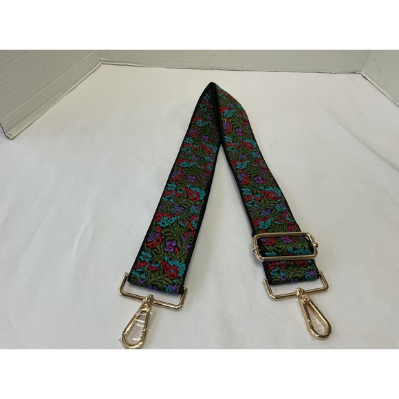 Floral Embroidered Purse Strap Adjustable Crossbody Guitar Style Gold Hardware - Picture 2 of 8